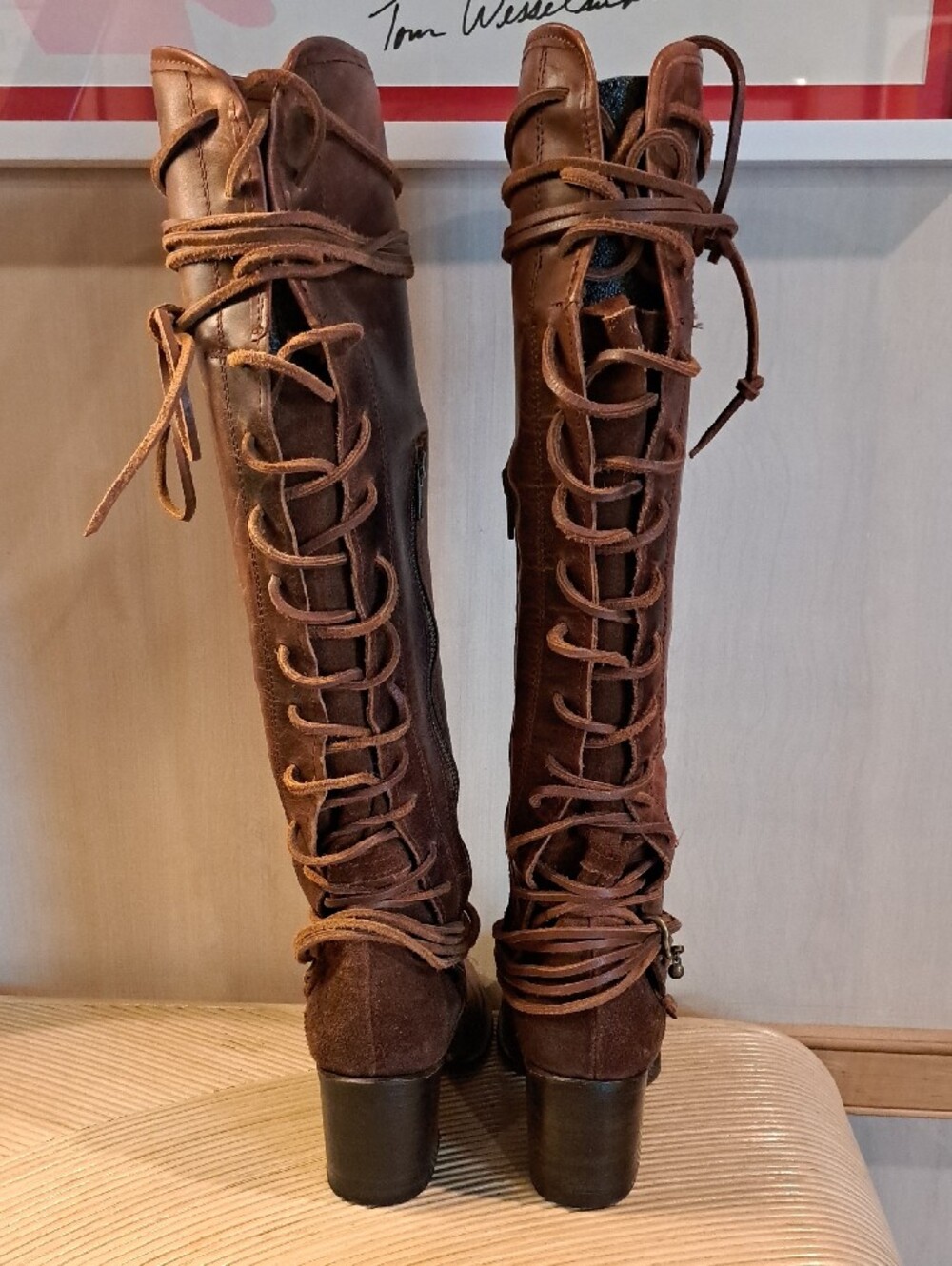 Freebird by Steven Cognac Coal Knee-High Laced Heeled Boots 10 - Picture 5 of 10